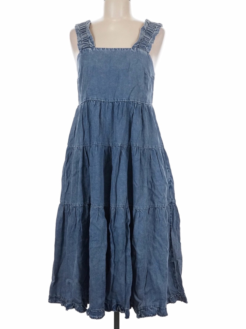 Sage + Fig Tiered Ruffle Strap Denim Midi Dress Blue NWT M